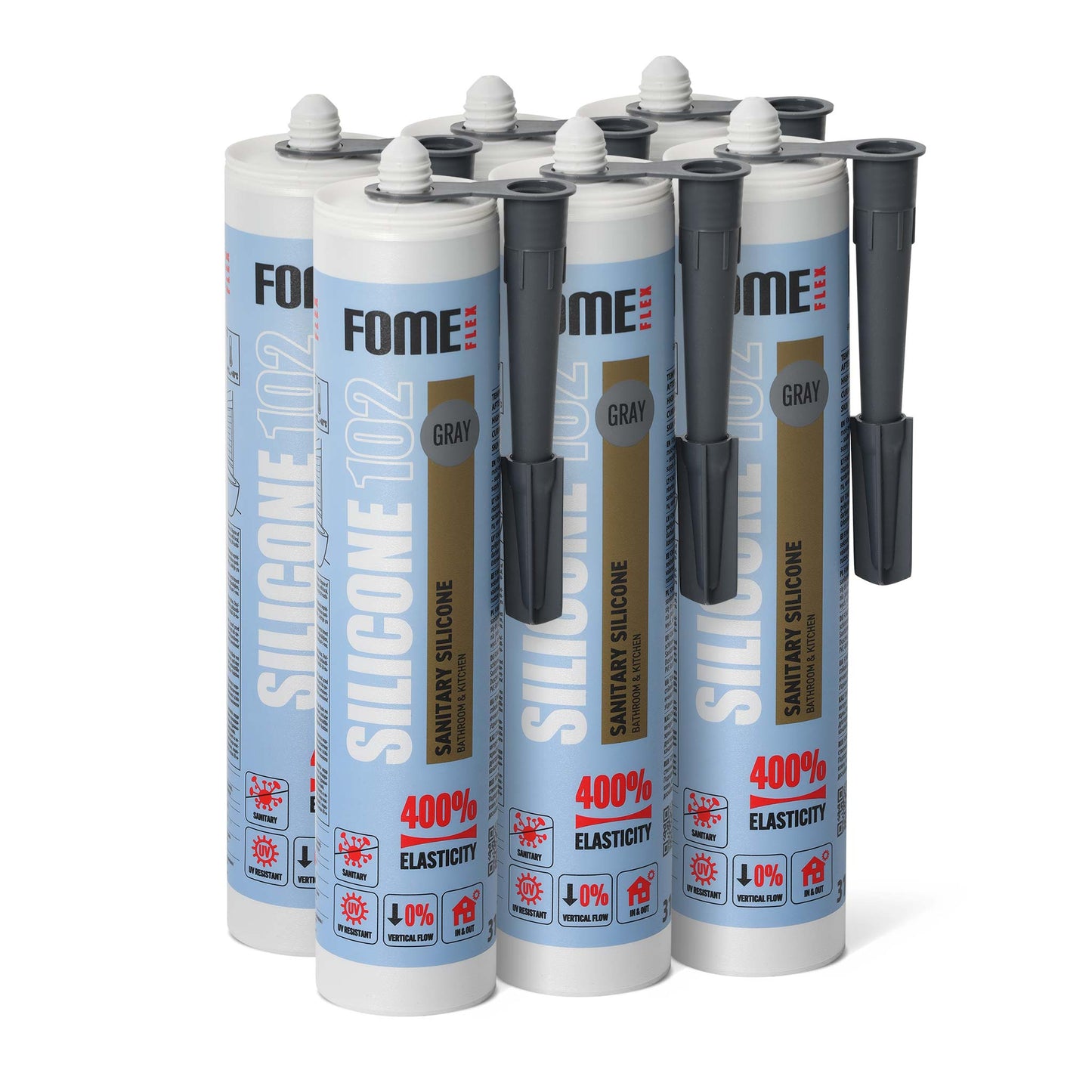 6 Stück FOME FLEX 102 Sanitärsilikon für Bad & Küche, grau
