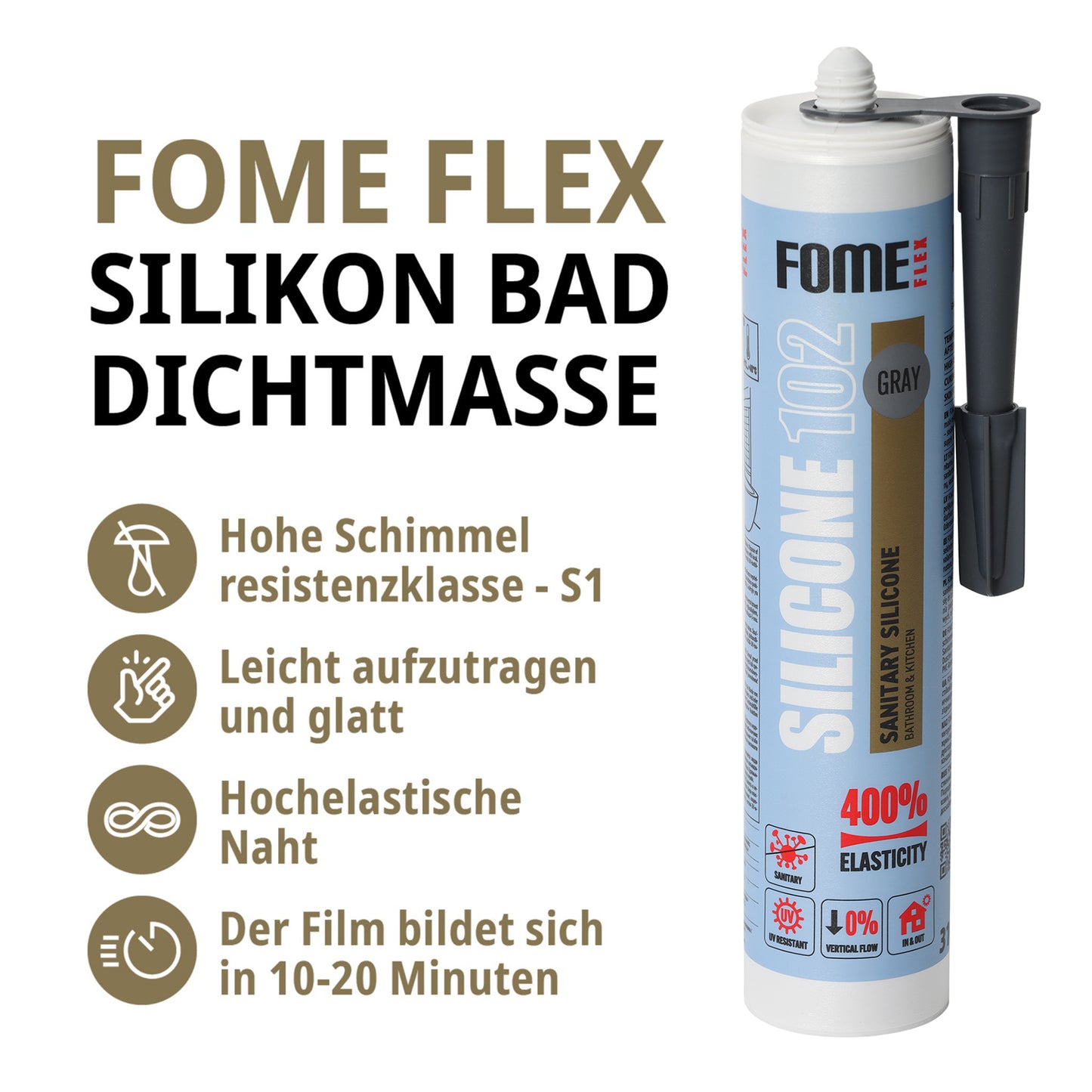 FOME FLEX 102 Sanitärsilikon für Bad & Küche, grau, 310ml
