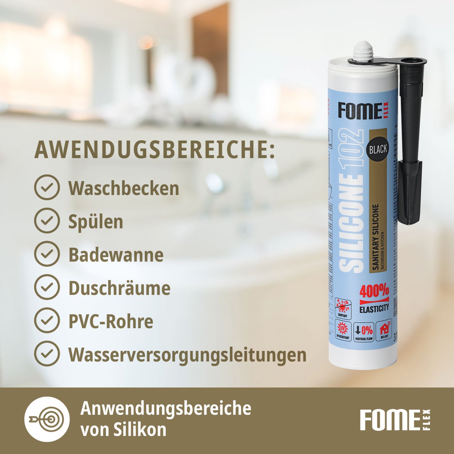 FOME FLEX 102 Sanitärsilikon für Bad & Küche, schwarz, 310ml