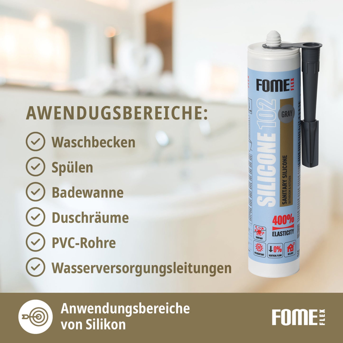 FOME FLEX 102 Sanitärsilikon für Bad & Küche, grau, 310ml